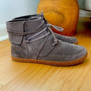 UGG gray booties with woven leather detail